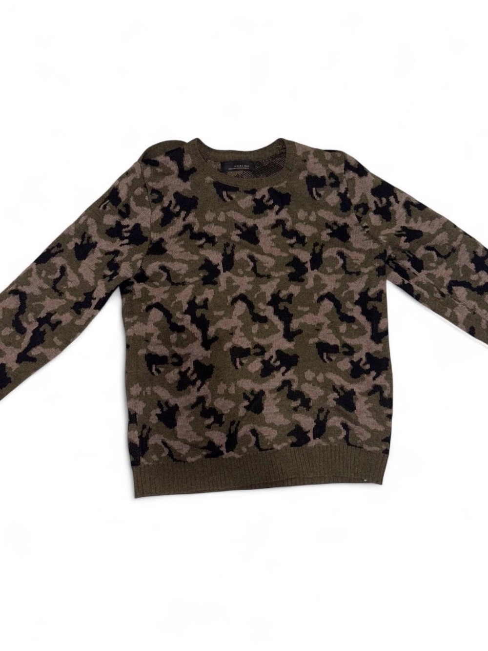 Zara Men's Camo Crewneck Sweater - Olive & Black